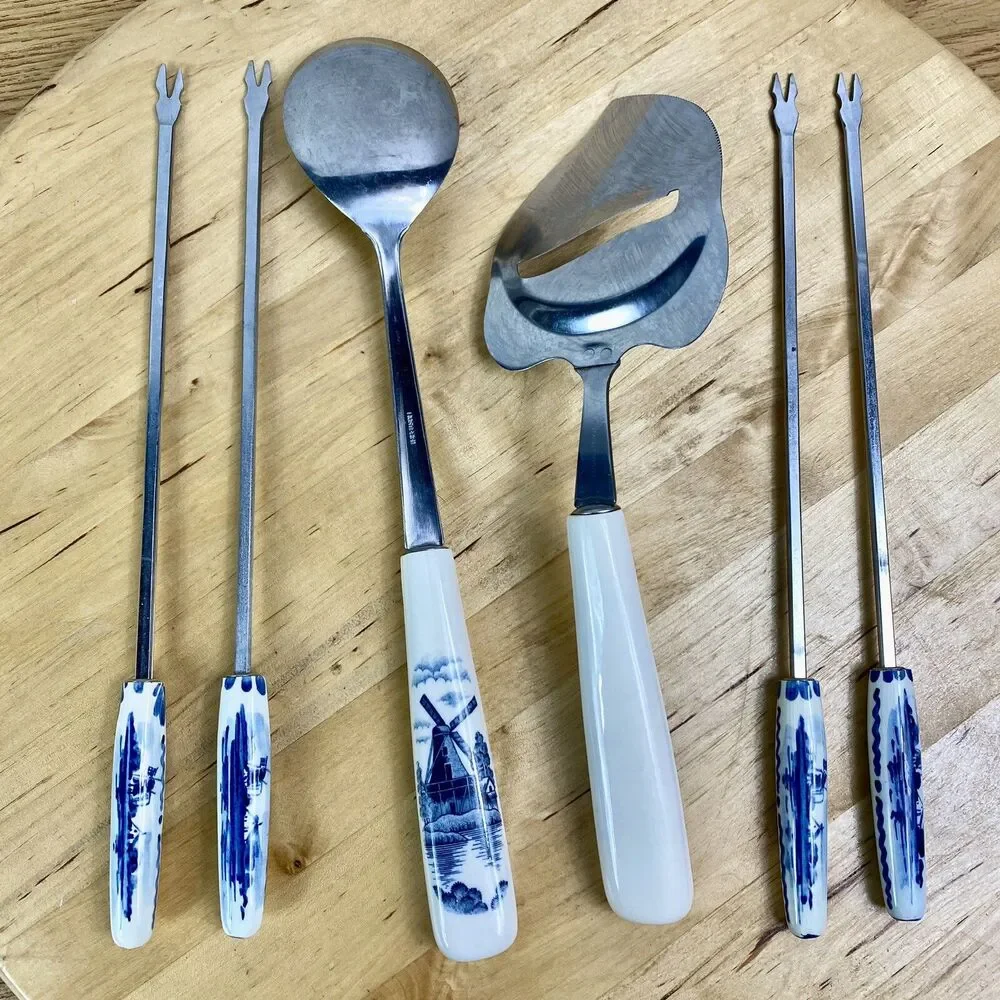 Vintage Delft Elesva Holland 6pc Utensil Set Blue Windmill Ceramic Handle Cheese